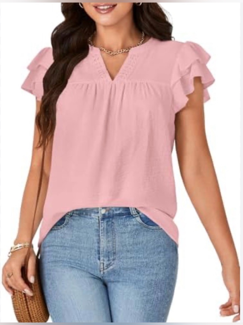 Women's Pink Ruffle Sleeve V-Neck Top